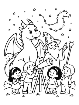 Free printable Stargazing Dragon, Wizard, And Children coloring page