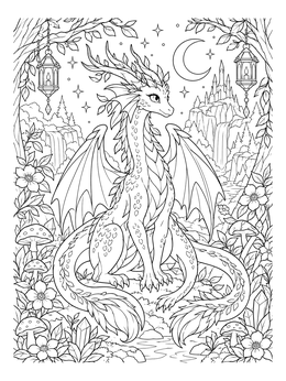 A detailed draco coloring page showing an elegant twin-tailed dragon in an enchanted night forest.