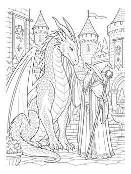 A gentle dragon and an elder wizard stand together in a courtyard on this draco coloring page.
