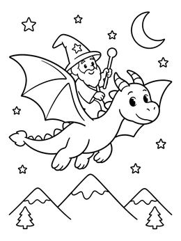Free printable Friendly Wizard Riding A Flying Dragon coloring page