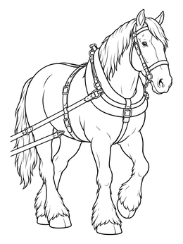 A detailed Clydesdale coloring page showing a strong draft horse walking in full leather harness.