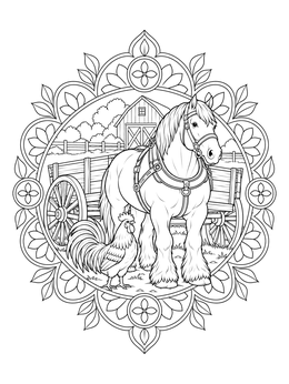 A draft horse and rooster in a farm animals coloring page framed by ornamental patterns.