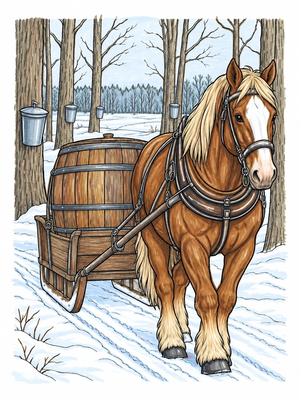 Colored example of the Draft Horse Pulling Sap Sled coloring page