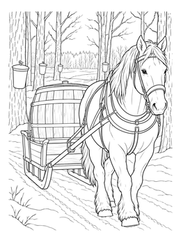 A draft horse pulls a wooden collection barrel in this maple syrup coloring page.