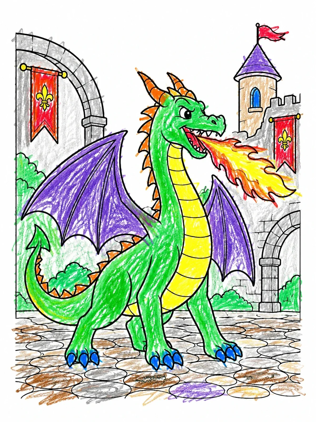 Colored example of the Dragon Breathing Fire In Castle Courtyard coloring page