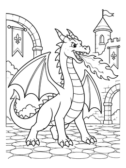 Free printable Dragon Breathing Fire In Castle Courtyard coloring page
