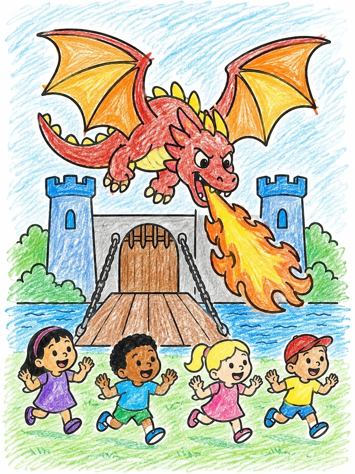 Colored example of the Dragon Breathing Fire Over Castle coloring page