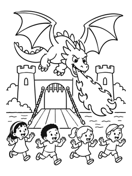 Free printable Dragon Breathing Fire Over Castle coloring page