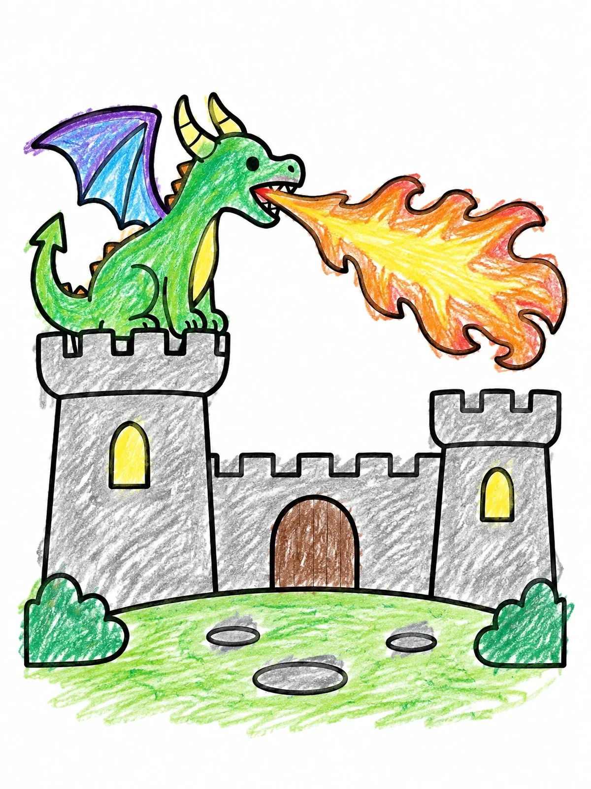 Colored example of the Dragon Breathing Fire On Castle Tower coloring page