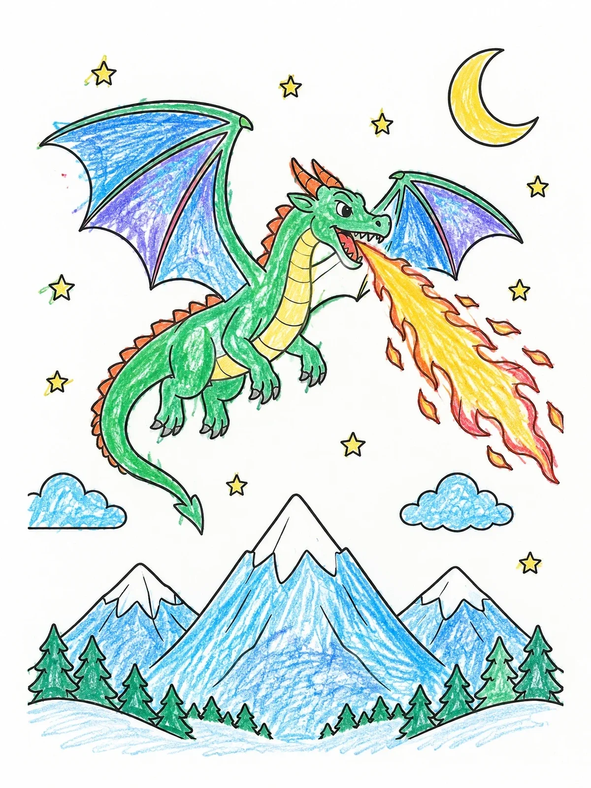 Colored example of the Dragon Flying Over Snowy Mountains coloring page