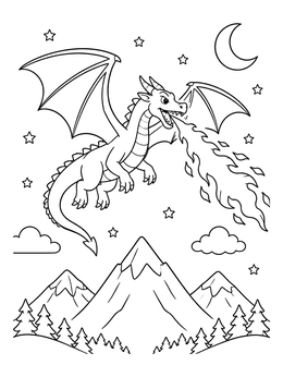Free printable Dragon Flying Over Snowy Mountains coloring page
