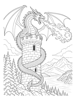 A detailed dragon breathing fire coloring page atop a tall stone tower overlooking mountains.