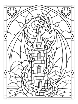 A dragon wraps around a castle tower in this stained glass coloring page.