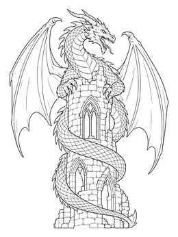 A detailed dragon coloring page showing a winged beast wrapped around an old stone tower.