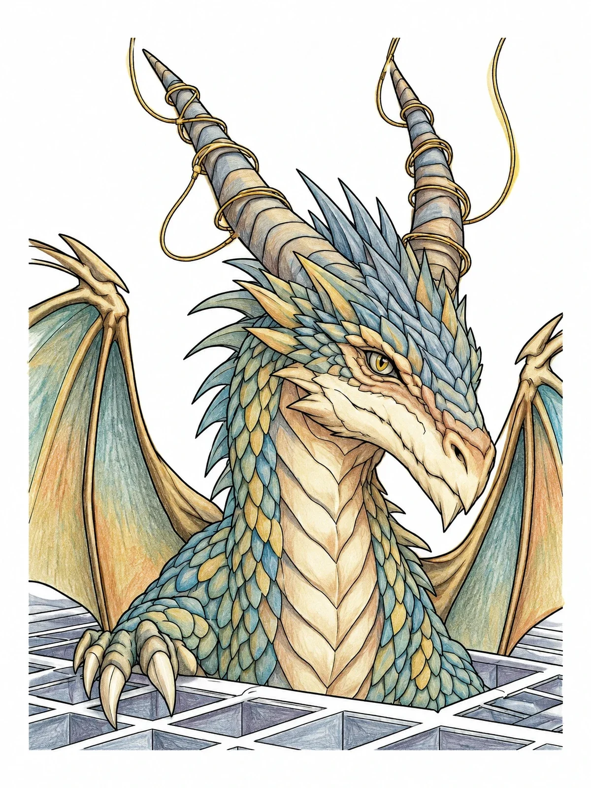 Colored example of the Dragon Emerging From 3d Grid coloring page