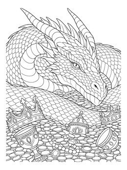 A detailed dragon coloring page showing a serpent resting on gold coins, crowns, and chalices.