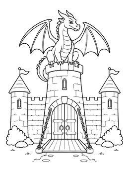 A friendly dragon sits on the central tower in this castle coloring page.