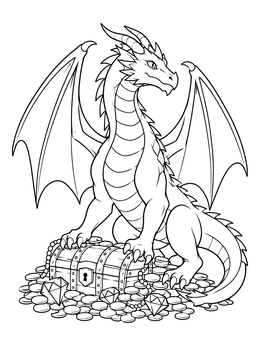 A proud mythical creature guards gems and gold in this detailed dragon coloring page.