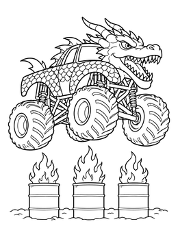 A fierce dragon monster truck coloring page leaping high over three burning fuel barrels.