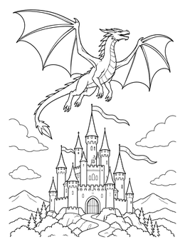 A detailed dragon coloring page showing a winged beast flying over a fairytale castle.