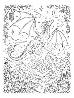 Dragon Soaring Over Mountain Peaks coloring page