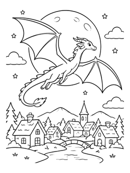 A friendly dragon coloring page showing the beast flying past a full moon over a sleepy village.