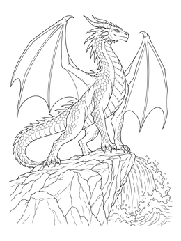 A majestic dragon coloring page featuring a winged beast standing atop a rocky coastal cliff with a waterfall.