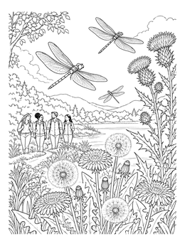 Free printable Dragonflies Over Thistles And Dandelions coloring page