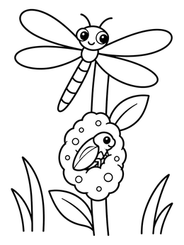A friendly dragonfly rests near a spittlebug on this cute bug coloring page.