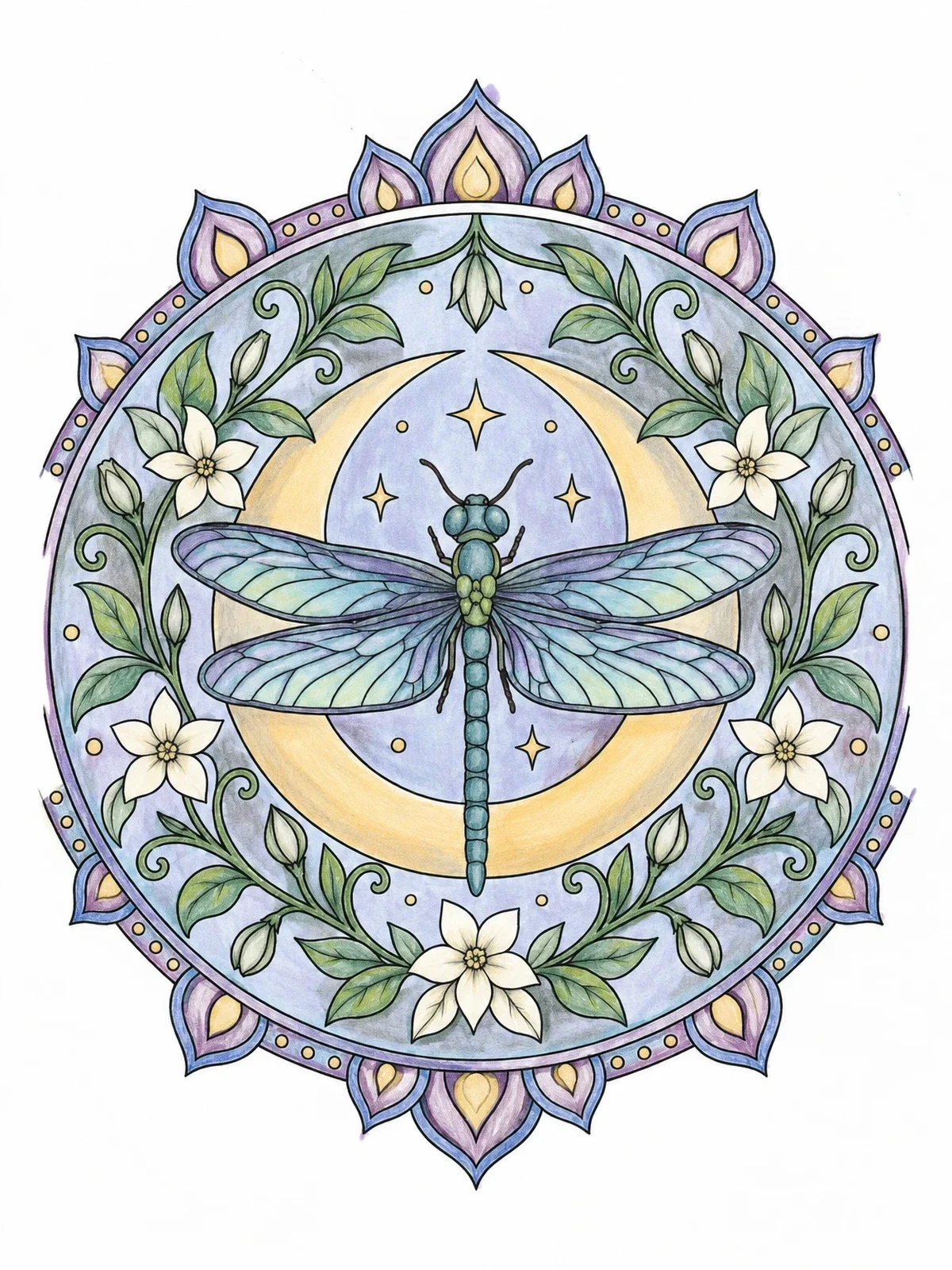 Colored example of the Dragonfly And Crescent Moon Mandala coloring page