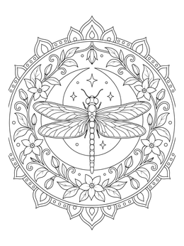 An ornate dragonfly coloring page featuring a crescent moon, night flowers, and decorative mandala patterns.
