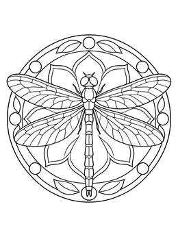 Detailed dragonfly coloring page centered inside an intricate circular mandala design.
