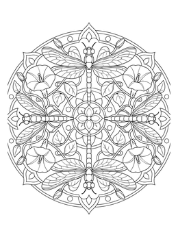 An intricate dragonfly coloring page featuring four radiating insects and morning glory flowers in a circular mandala.
