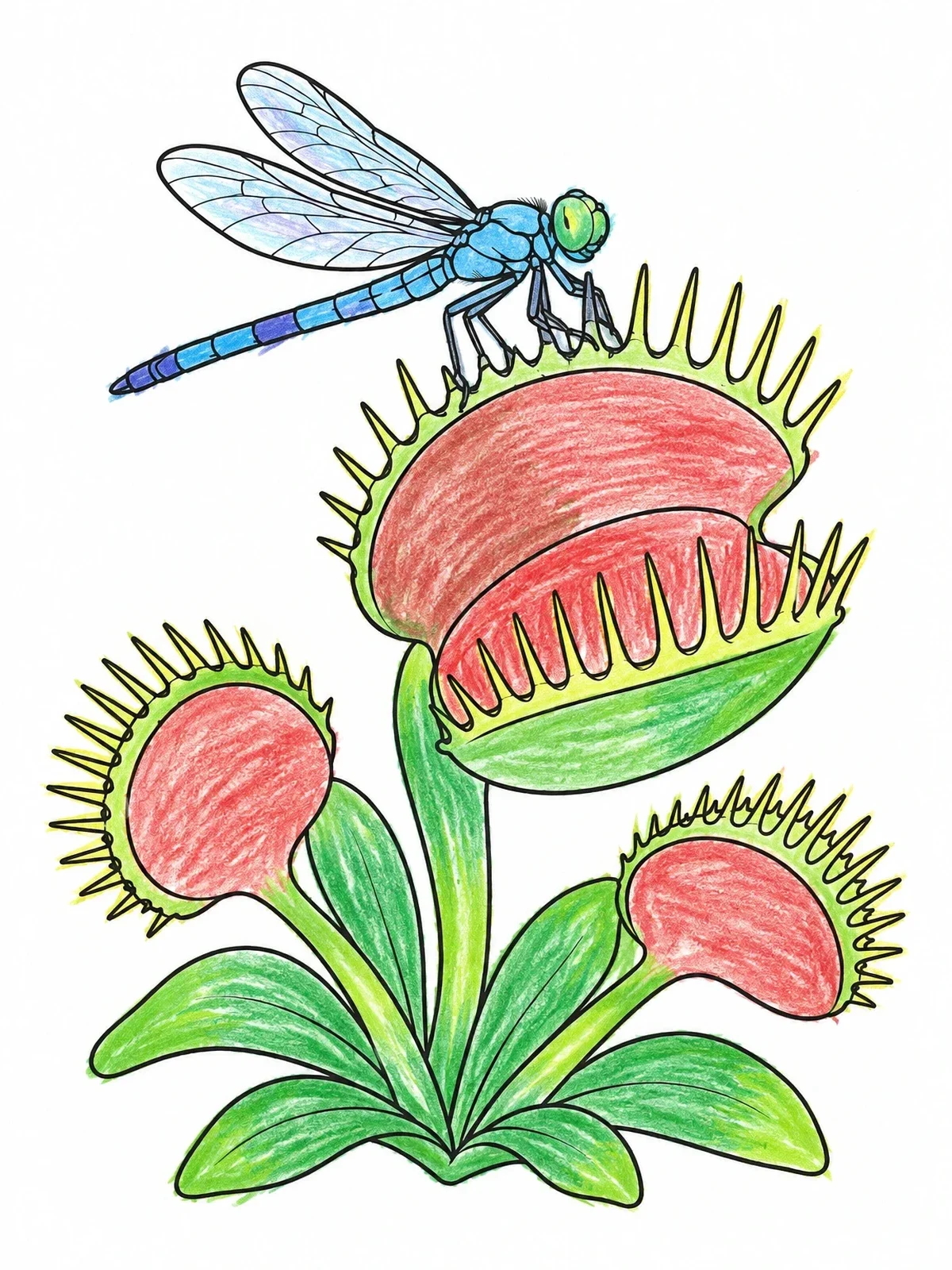 Colored example of the Dragonfly On Venus Flytrap coloring page
