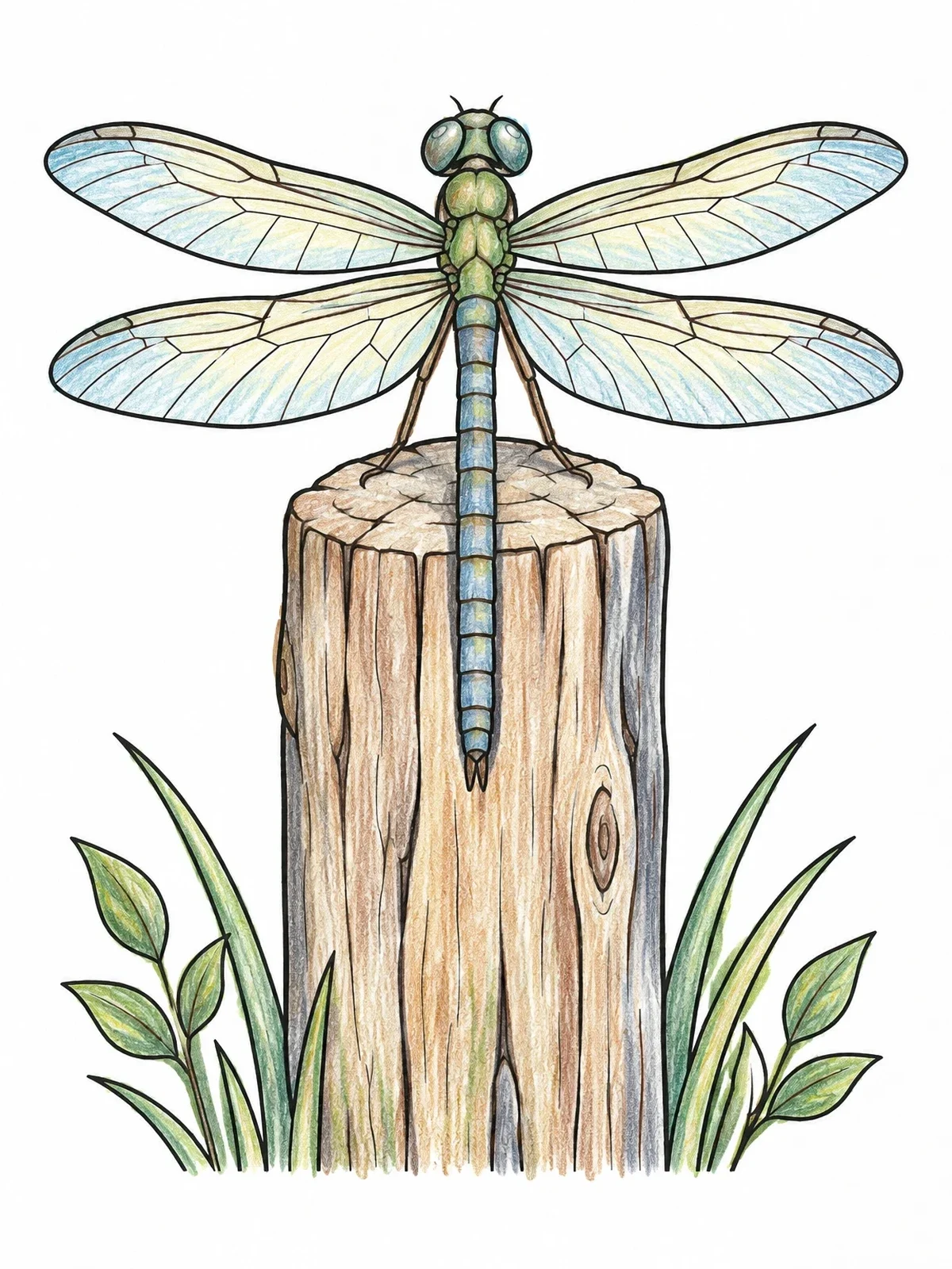 Colored example of the Dragonfly Resting On Wooden Post coloring page
