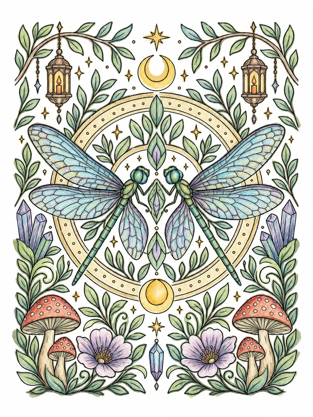 Colored example of the Symmetrical Dragonflies With Botanical Motifs coloring page