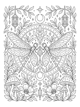 Two symmetrical dragonflies surrounded by leaves and lanterns on this dragonfly coloring page.