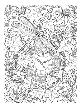Detailed dragonfly coloring page with an antique pocket watch nestled among ivy leaves.