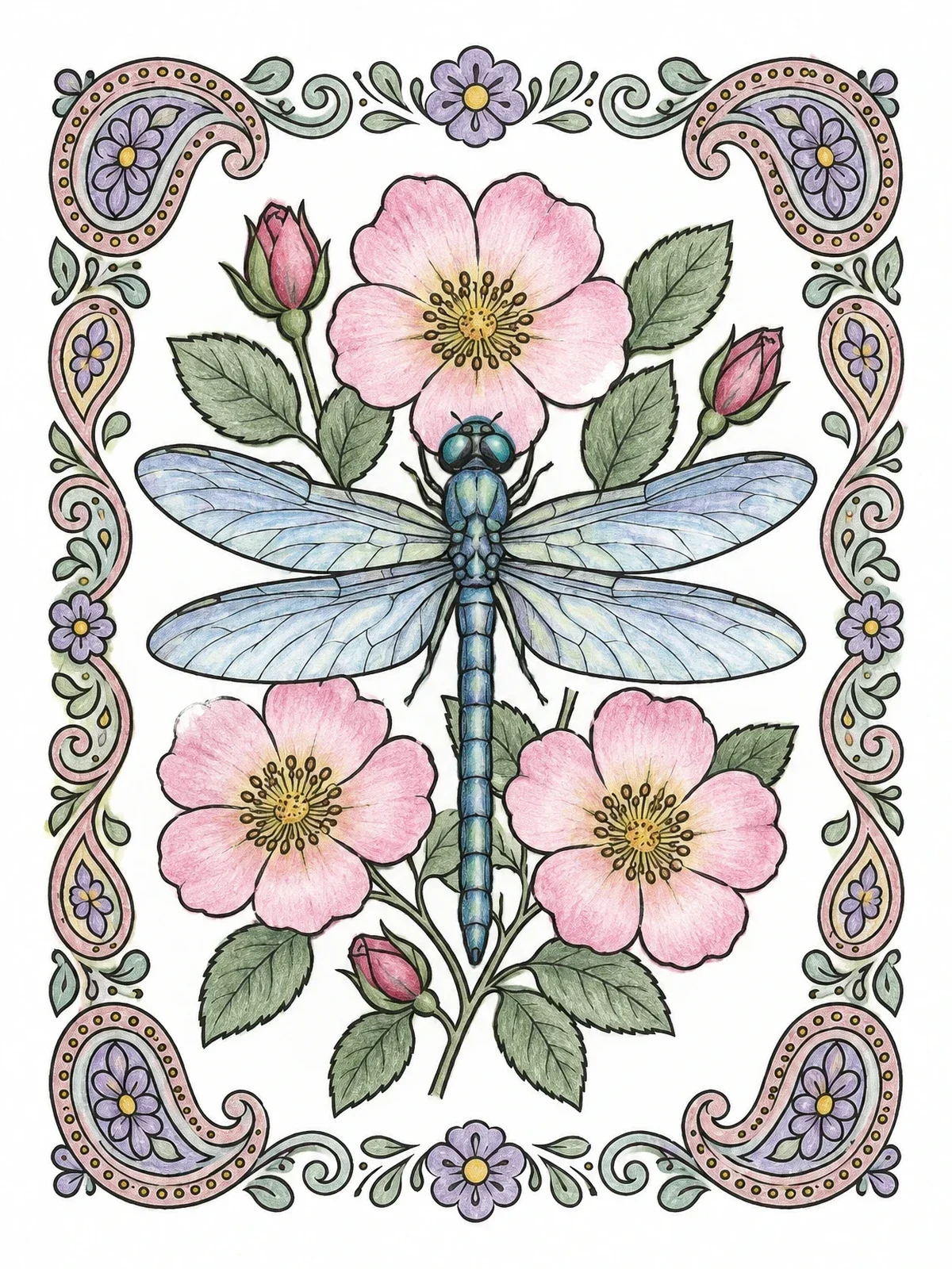 Colored example of the Dragonfly And Wild Roses With Paisley Border coloring page