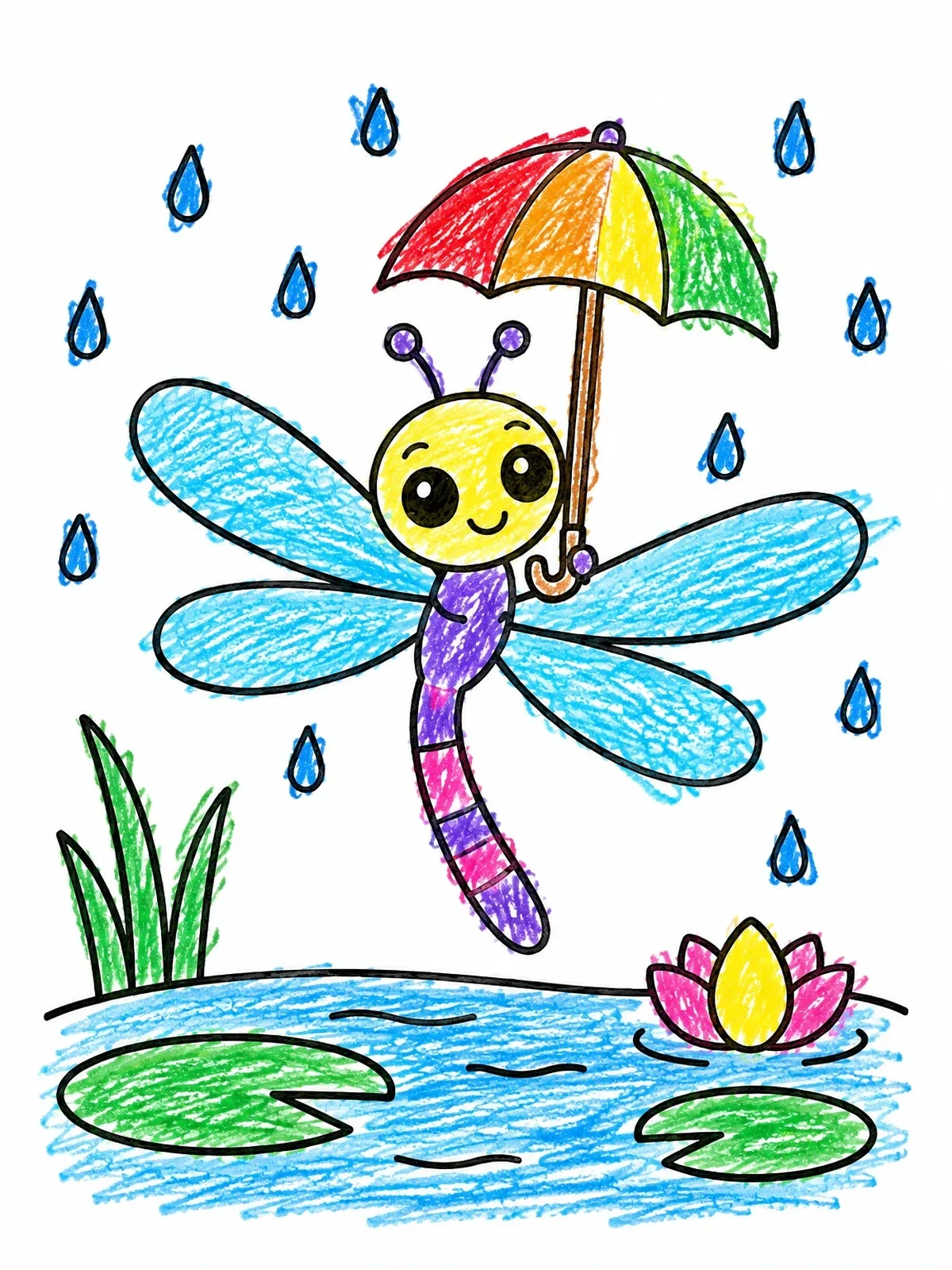 Colored example of the Dragonfly With Umbrella In Rain coloring page