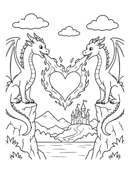 Free printable Dragons Breathing A Flaming Heart coloring page