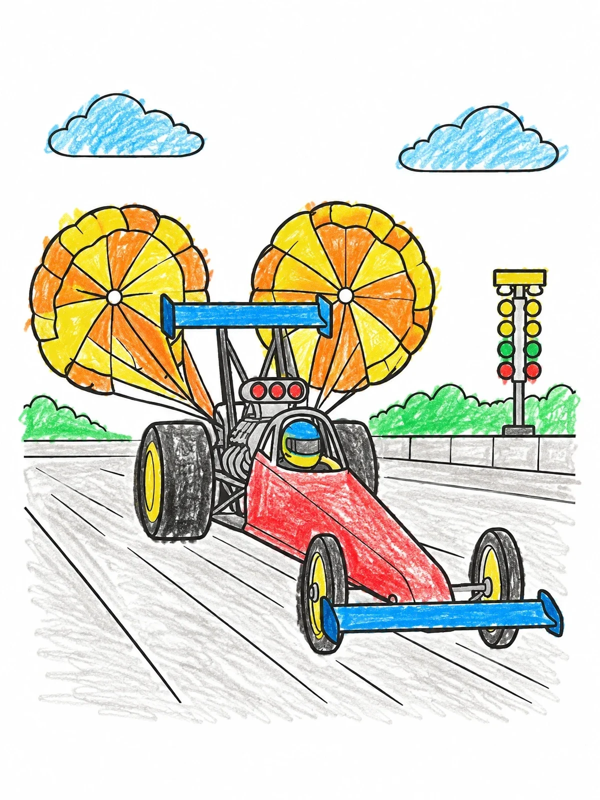 Colored example of the Dragster With Braking Parachutes coloring page