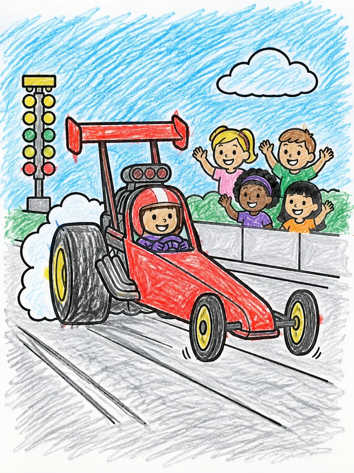 Colored example of the Dragster Racing Past Cheering Fans coloring page