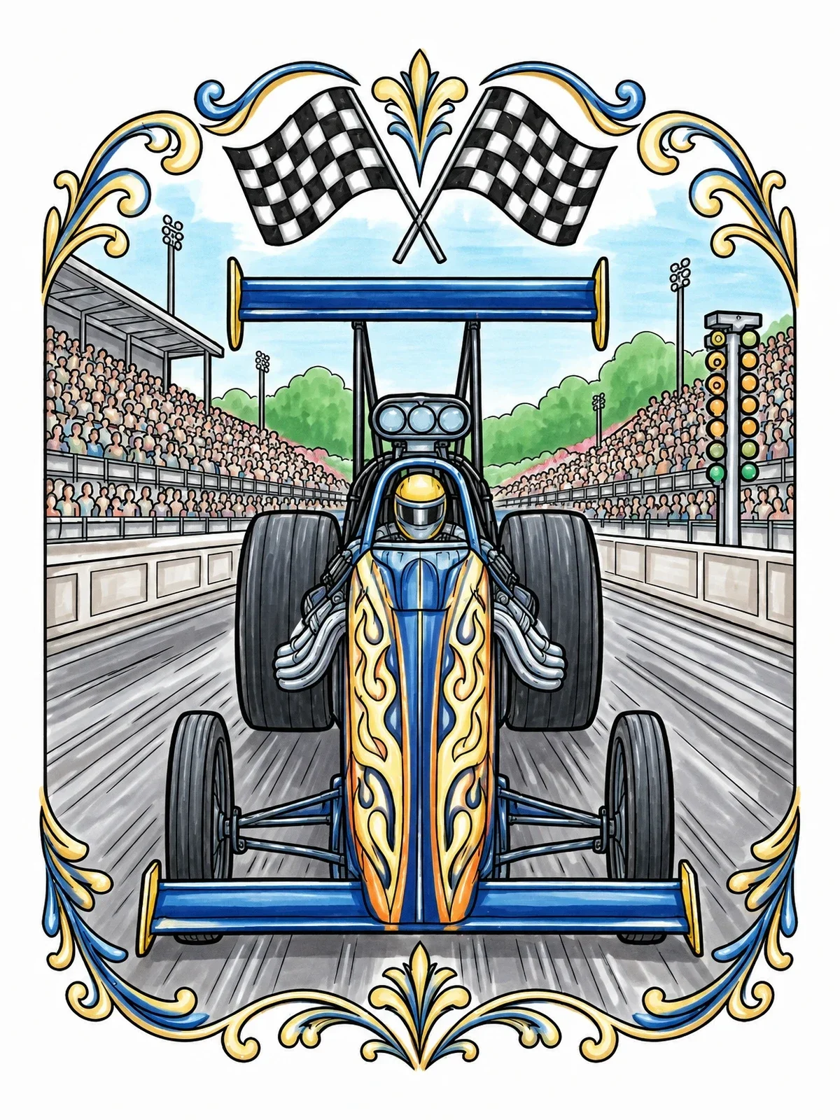 Colored example of the Dragster Racing Down The Track coloring page