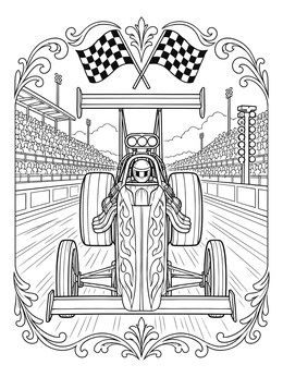Detailed dragster coloring page showing a race car speeding past cheering crowds.