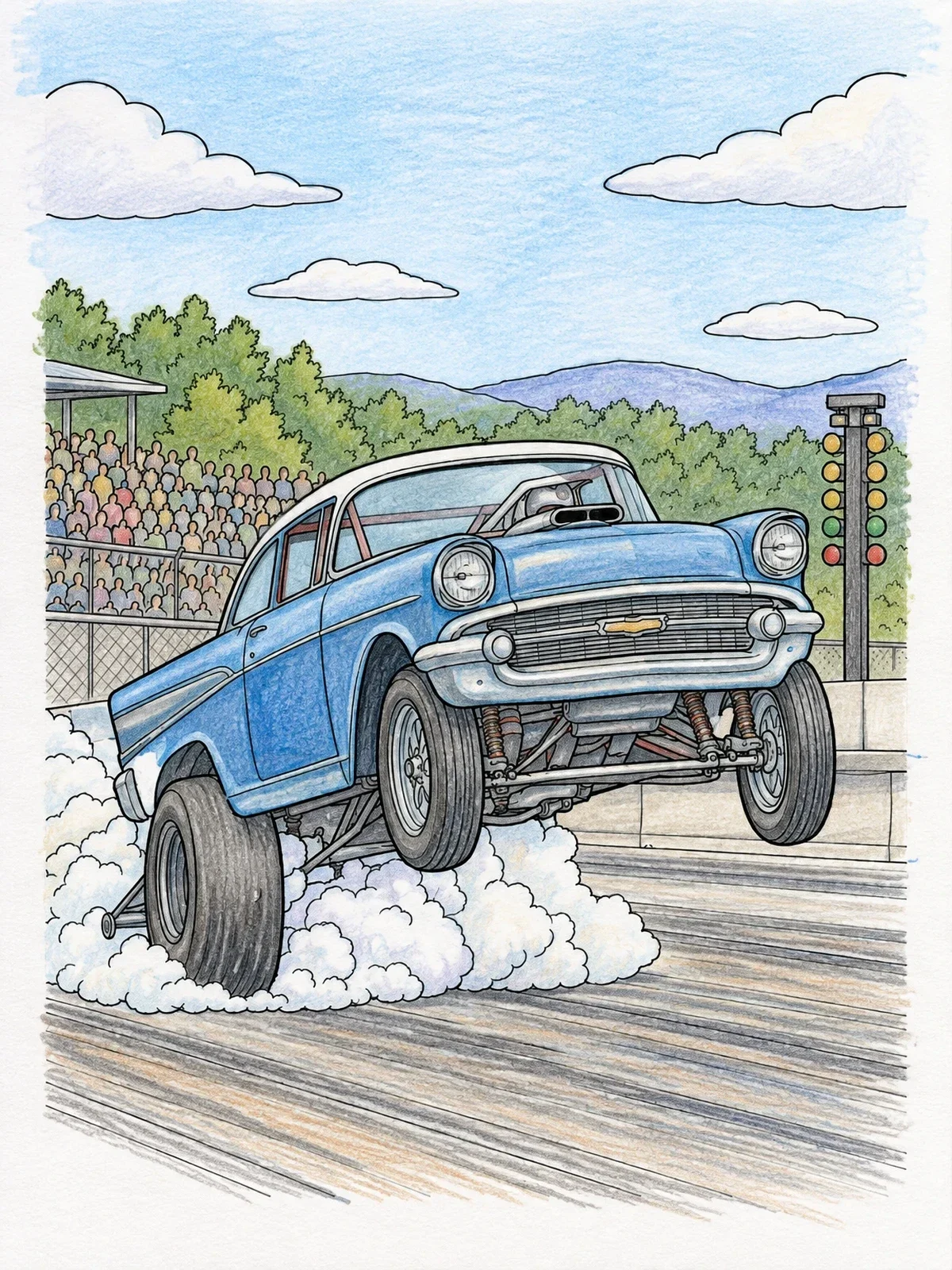 Colored example of the Classic Gasser Wheelie Drag Race coloring page