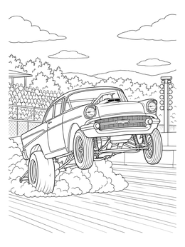 A vintage gasser car pops a wheelie at the strip on this dragster coloring page.