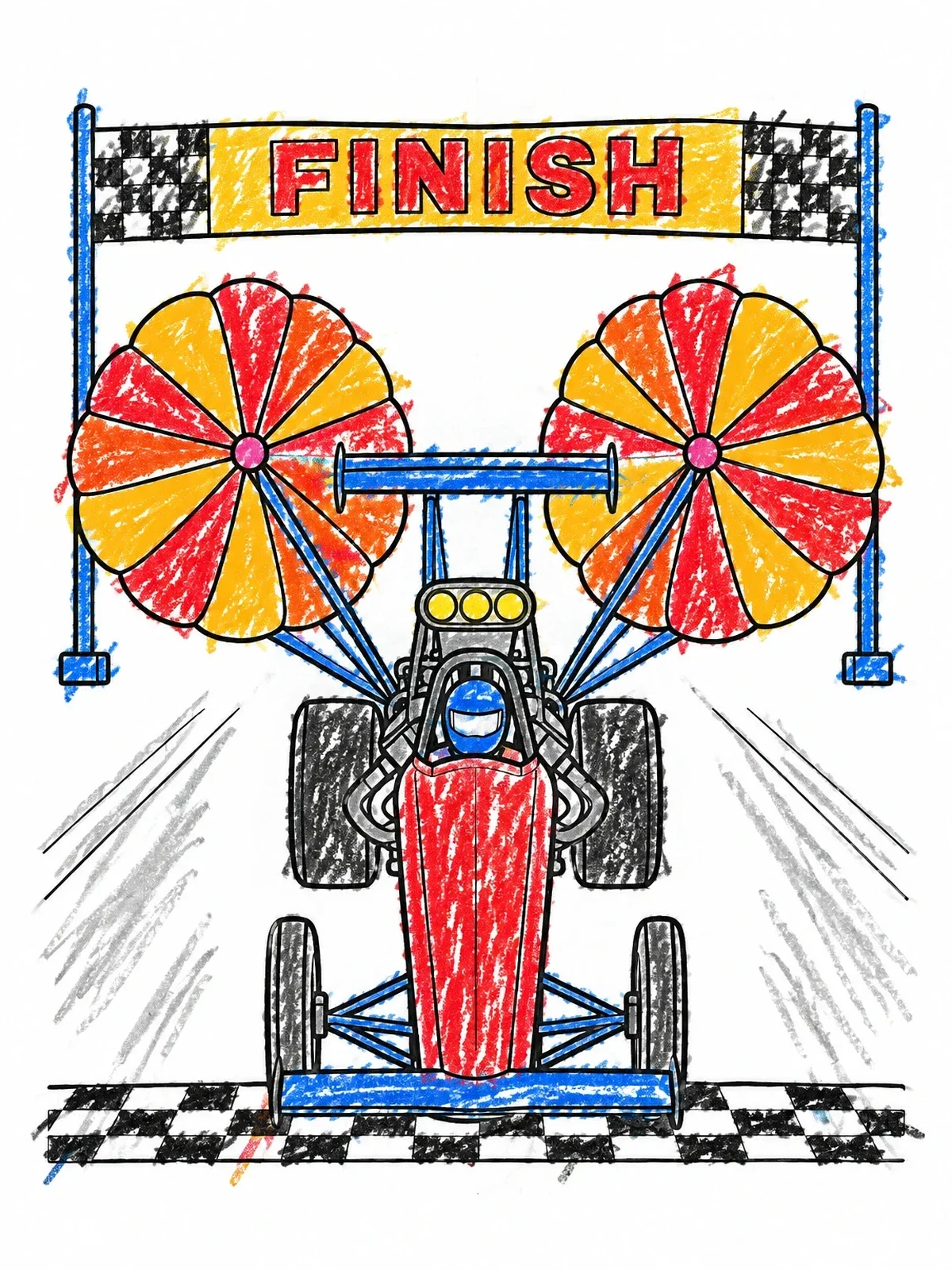 Colored example of the Dragster Crossing The Finish Line coloring page