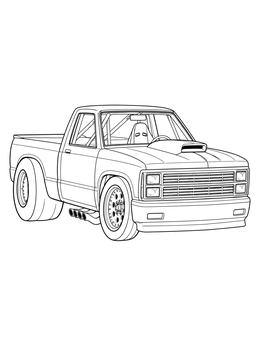 A custom dragster coloring page showing a racing pickup truck with wide rear slicks and side exhaust pipes.