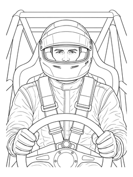 A focused driver in full gear features in this dragster coloring page inside the protective roll cage.